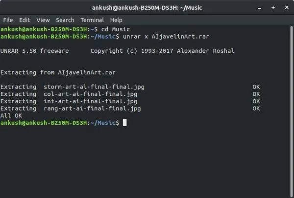 Beispiel für das Entpacken einer RAR-Datei mit dem unrar-Befehl im Terminal unter Ubuntu