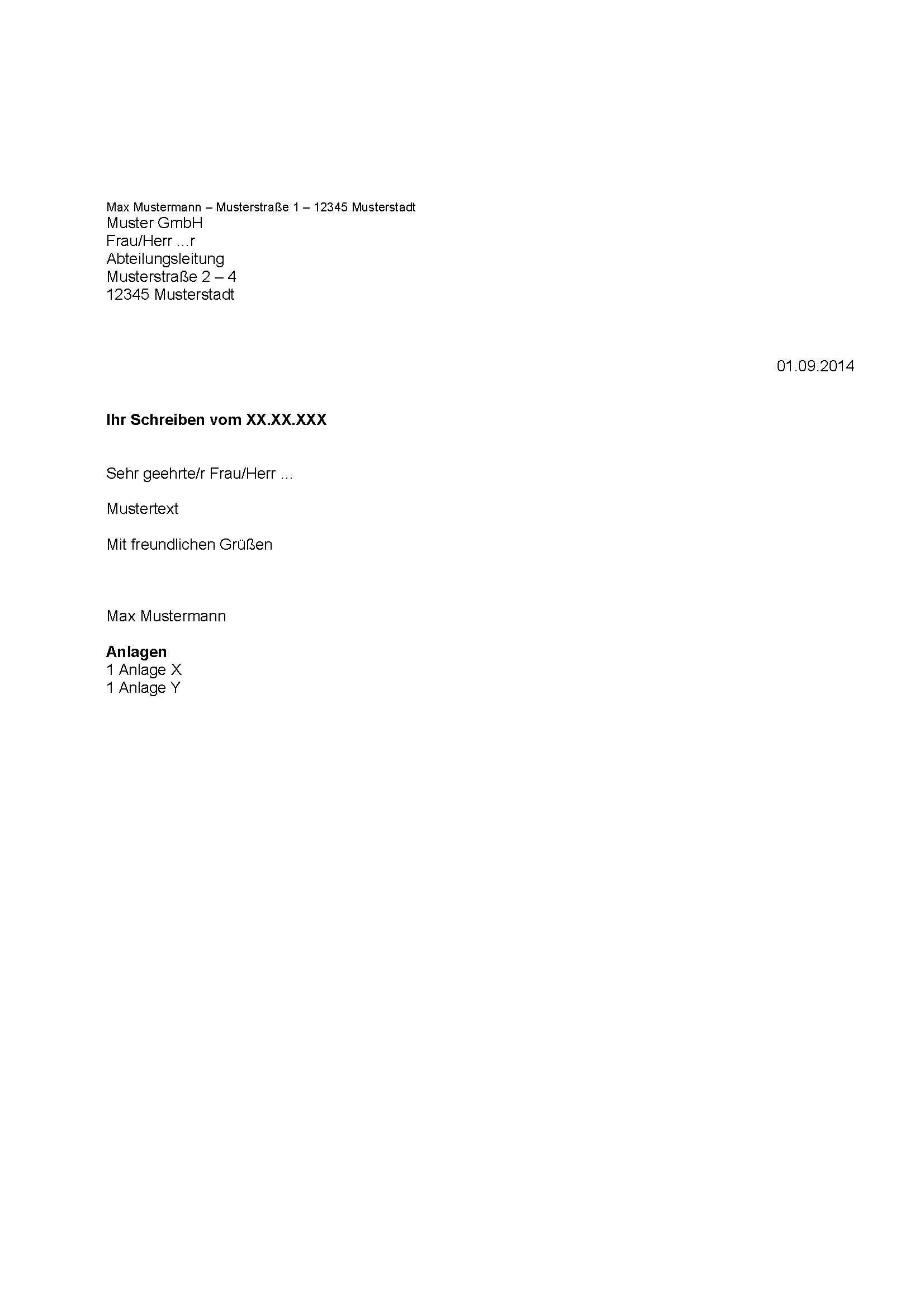 Beispiel für einen DIN 5008 Musterbrief mit markierten Bereichen für Anschrift, Betreff und Text.