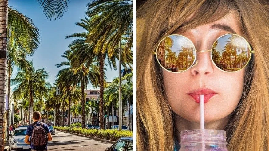 Beispiele für die Funktion &quot;Fotos an Formen anpassen&quot; in Photoshop Elements 2022, gezeigt an einer Kaffeetasse und Sonnenbrillen