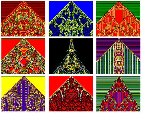 Beispiele komplexer, aus einfachen Regeln entstehender Muster in zellulären Automaten, die die Vielfalt und das fremdartige Verhalten der Ruliad darstellen