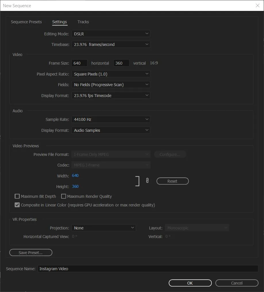 Benutzerdefinierte Sequenz-Einstellungen für Instagram-Videos: 640x360 Pixel
