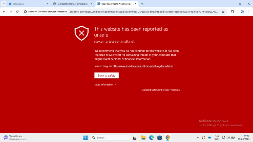 Benutzererfahrung mit SmartScreen-Warnung in Chrome durch Microsoft Defender Browser Protection