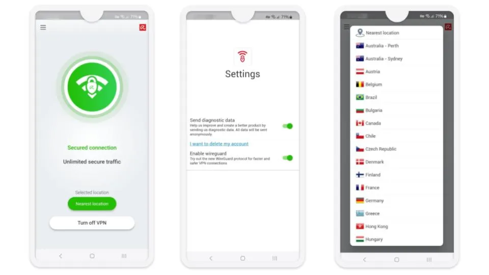 Benutzeroberfläche der Avira Phantom VPN Apps für Desktop und Mobile, einfach in der Handhabung für uTorrent-Nutzer