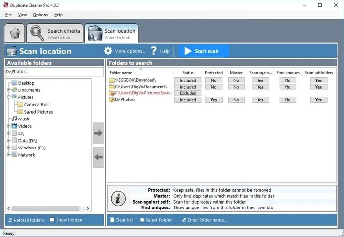 Benutzeroberfläche von Duplicate Cleaner zum Entfernen doppelter Bilder und Dateien