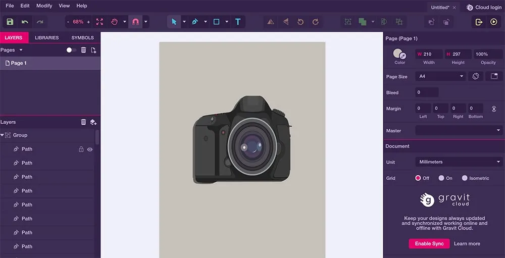 Benutzeroberfläche von Gravit Designer mit verschiedenen Design-Tools und geöffneter Arbeitsfläche