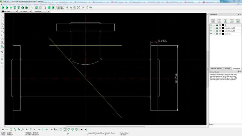 Benutzeroberfläche von LibreCAD mit einer technischen 2D Zeichnung eines Flansches