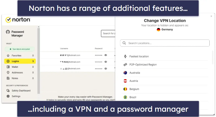 Benutzeroberfläche von Norton 360 mit erweiterten Sicherheitsfunktionen