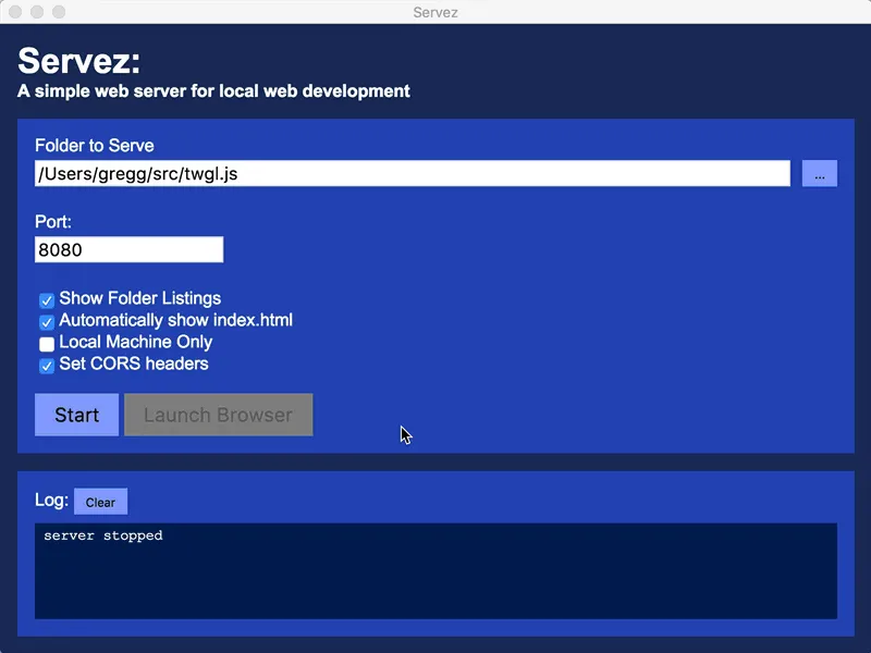 Benutzeroberfläche von Servez, einem einfachen lokalen Webserver für WebGL-Entwicklung.