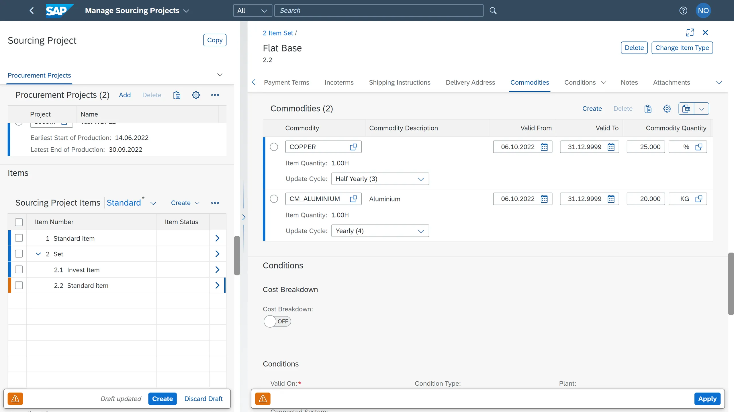 Beschaffungsprojekt in SAP S/4HANA 2022 mit detaillierten Rohstoffinformationen und Preisanalysen