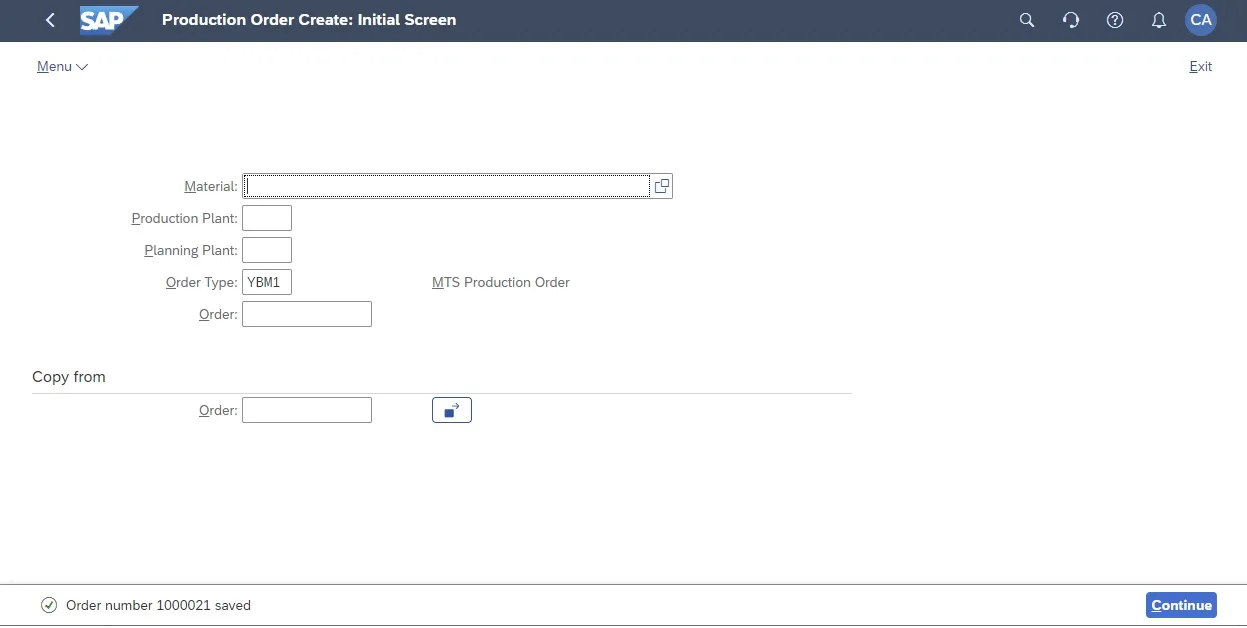 Bestätigung der Erstellung eines neuen Fertigungsauftrags