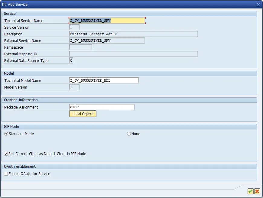 Bestätigung der OData-Dienstregistrierung