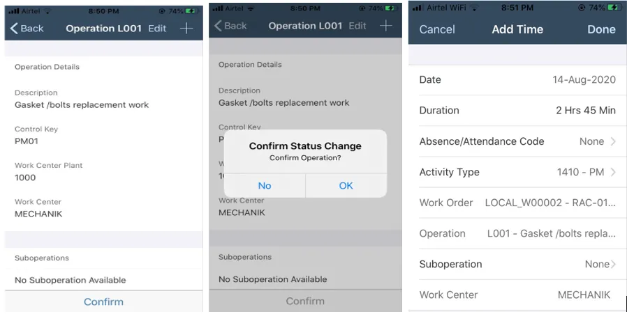 Bestätigung von Arbeitsauftragsvorgängen in der SAP Asset Manager App