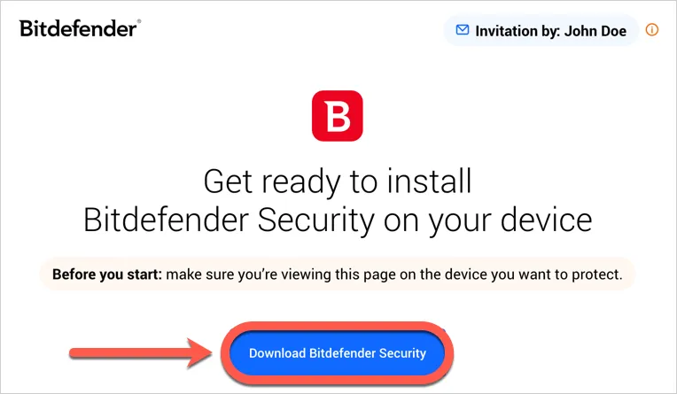 Bildschirm zur Bestätigung der Bitdefender-Einladung und Download auf ein neues Gerät
