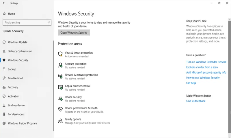 Bildschirmansicht der Funktionen und Einstellungen von Windows Defender Security im Betriebssystem.