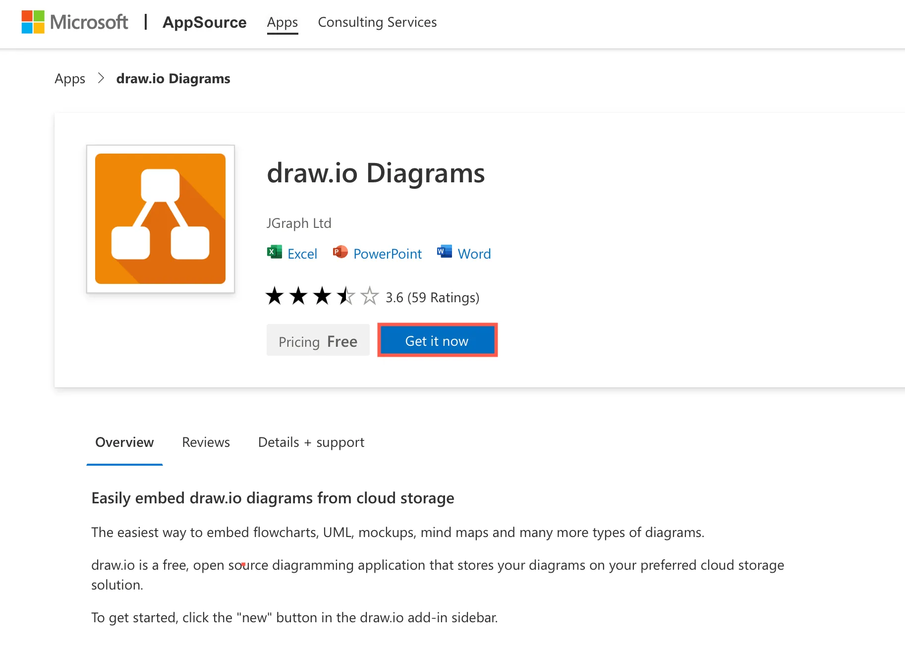 Bildschirmansicht des Microsoft AppSource, der die Option zum Installieren des draw.io Diagramm-Add-Ins zeigt.