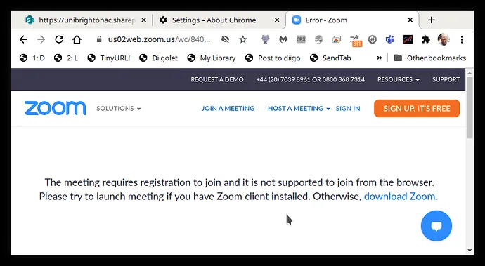 Bildschirmaufnahme zeigt Fehlermeldung "Your browser isn't supported" bei einem Online-Meeting, hervorgehoben durch einen orangefarbenen Rahmen