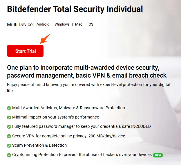 Bildschirmdarstellung: Bestätigung der Bitdefender Security Trial vor dem Download.