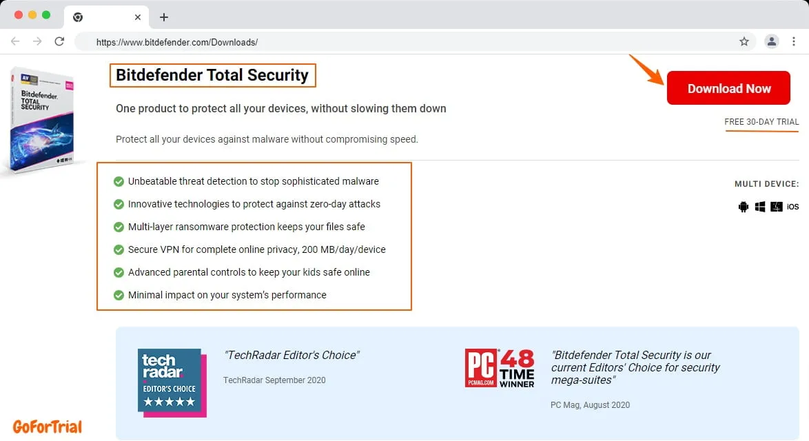 Bildschirmfoto: Übersicht der Bitdefender Free Trial Option auf der offiziellen Webseite, um die Sicherheit Ihres Geräts zu testen.