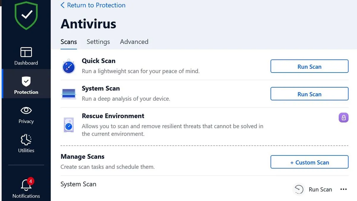 Bildschirmfoto von Bitdefender Antivirus Free, zeigt die Benutzeroberfläche und Scan-Optionen