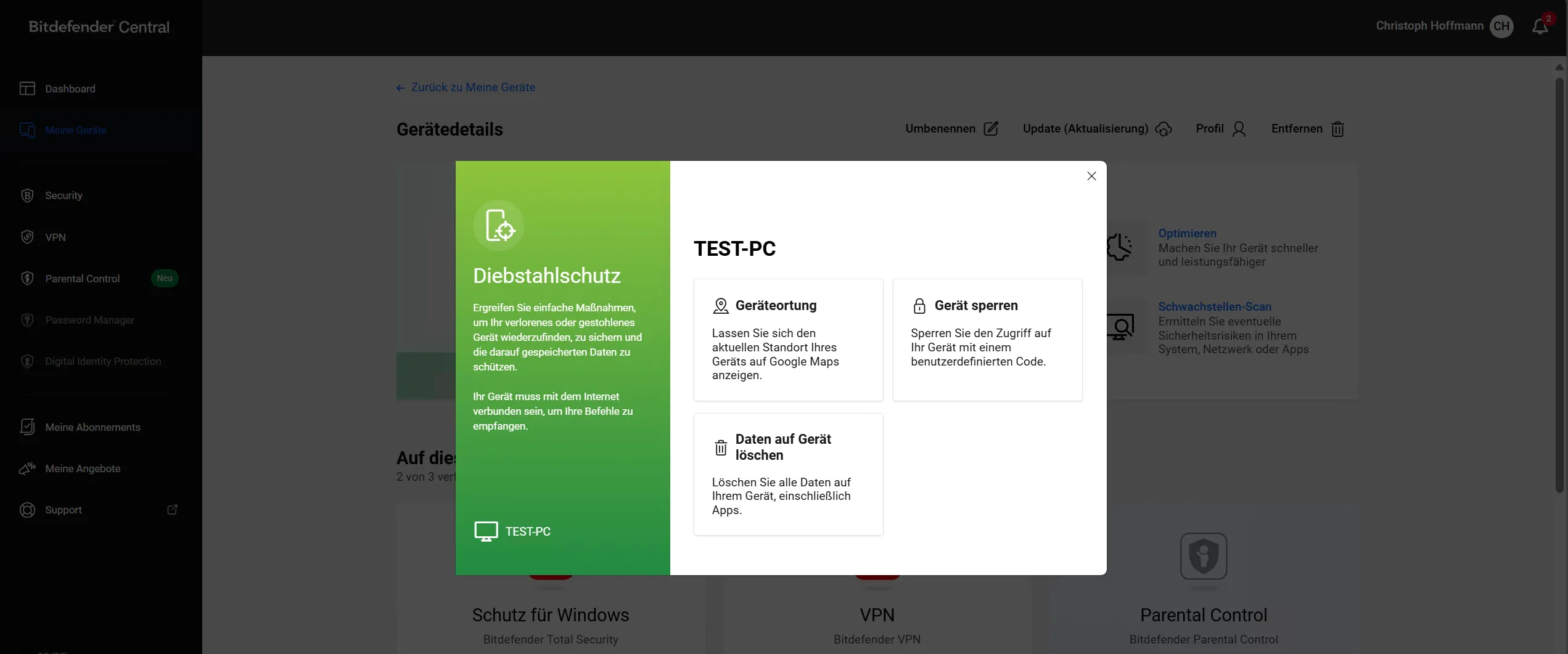 Bitdefender Anti-Diebstahl-Tools für die Fernverwaltung verlorener Geräte und Datenlöschung.