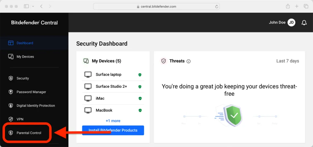 Bitdefender Central: Menü für Kindersicherung (Parental Control)