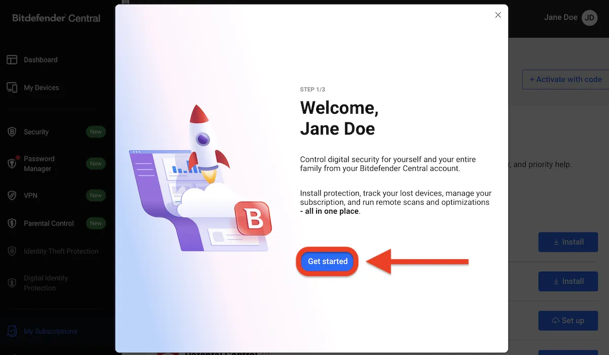 Bitdefender Family Plan: Willkommensbildschirm für neue Mitglieder