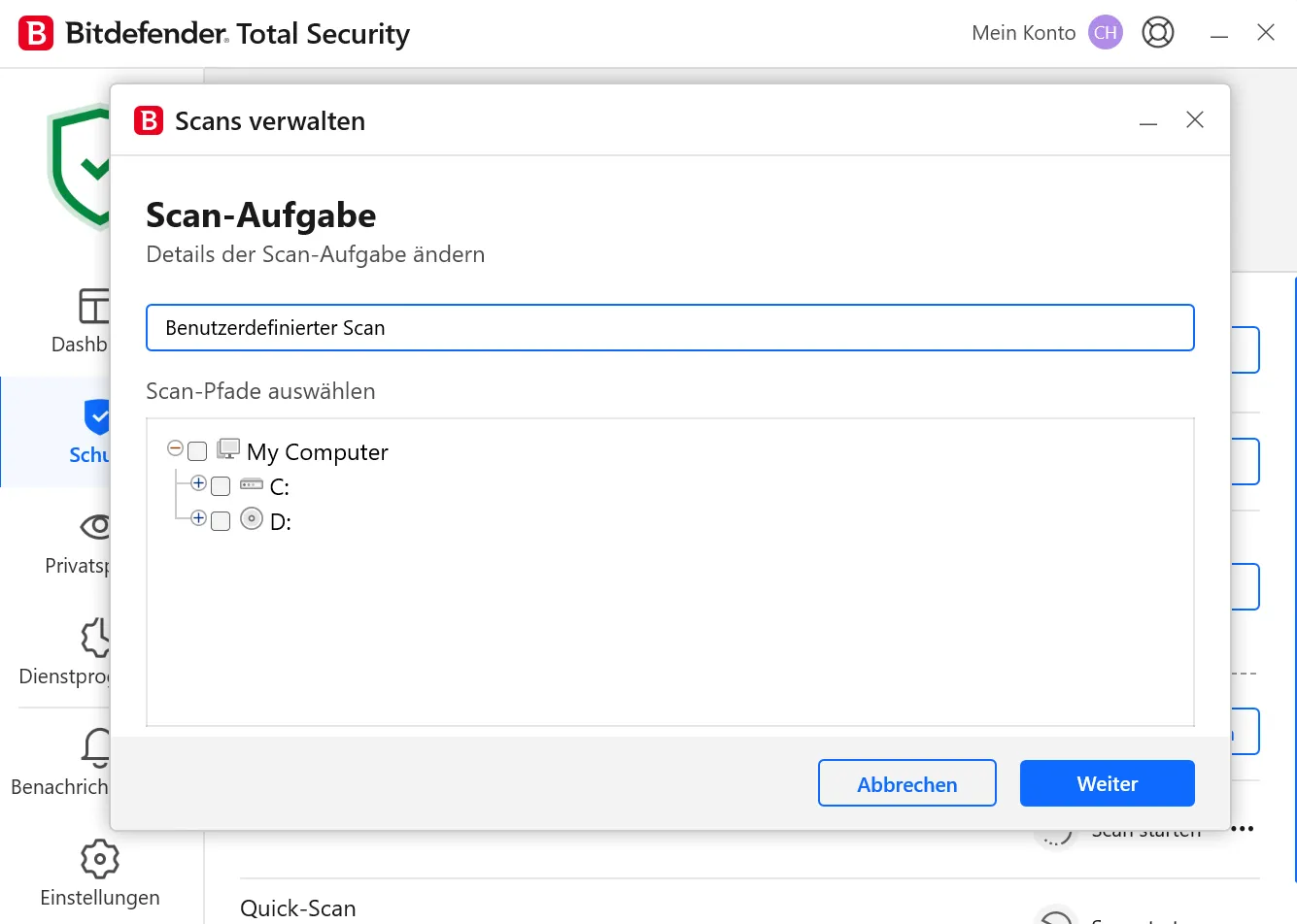 Bitdefender Scan-Planungsoptionen, um automatische Virenschutz-Scans zu konfigurieren und PC-Sicherheit zu gewährleisten.