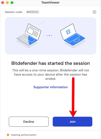 Bitdefender TeamViewer Sitzung beitreten