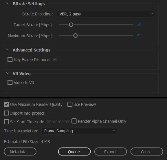 Bitrate-Einstellungen für den Instagram-Videoexport in Premiere Pro: VBR, 2-Pass
