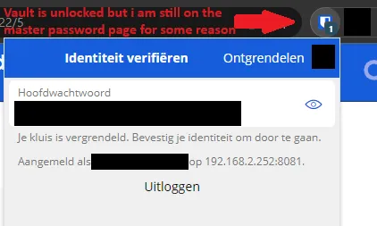 Bitwarden-Erweiterung in Chrome, die nach Eingabe des Master-Passworts auf dem Entsperrbildschirm verweilt, obwohl der Tresor bereits entsperrt ist.