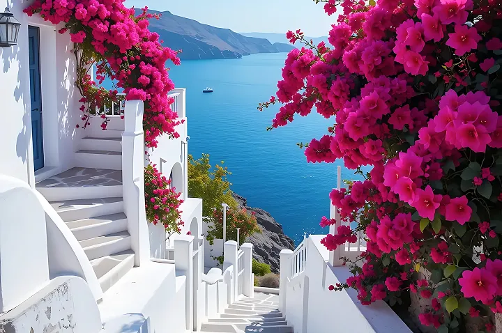 Blick auf eine malerische Bucht auf einer griechischen Insel mit weiß getünchten Häusern und klarem, blauem Wasser.