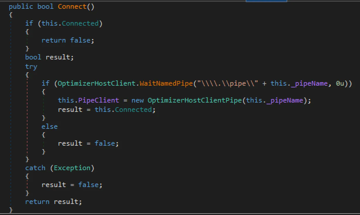 C#-Code-Ausschnitt der Connect-Methode, die WaitNamedPipe() und CreateFile() zur Verbindung mit dem Named Pipe verwendet.