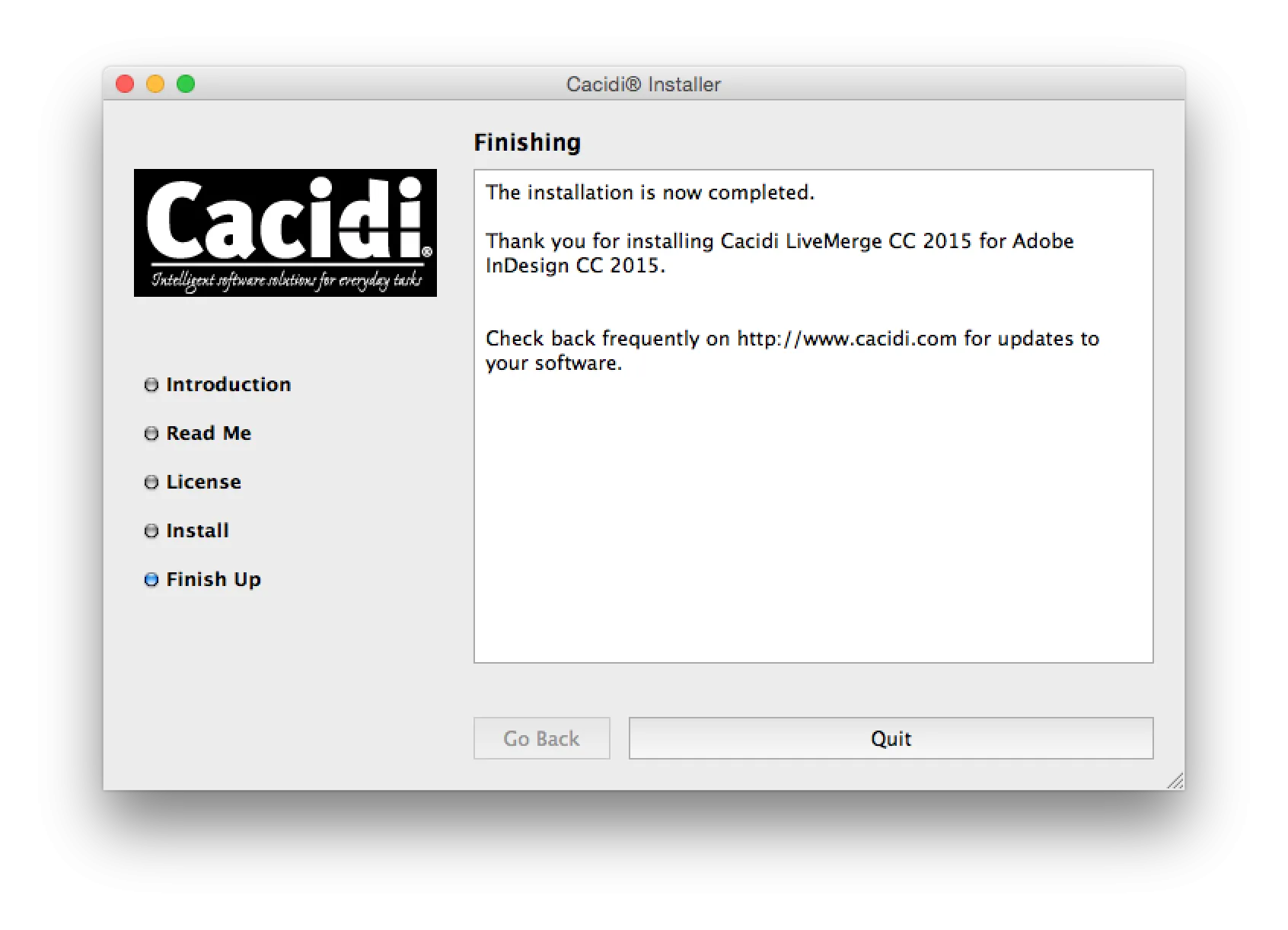 Cacidi Installer Fortschrittsanzeige während des Kopiervorgangs und Abschlussmeldung