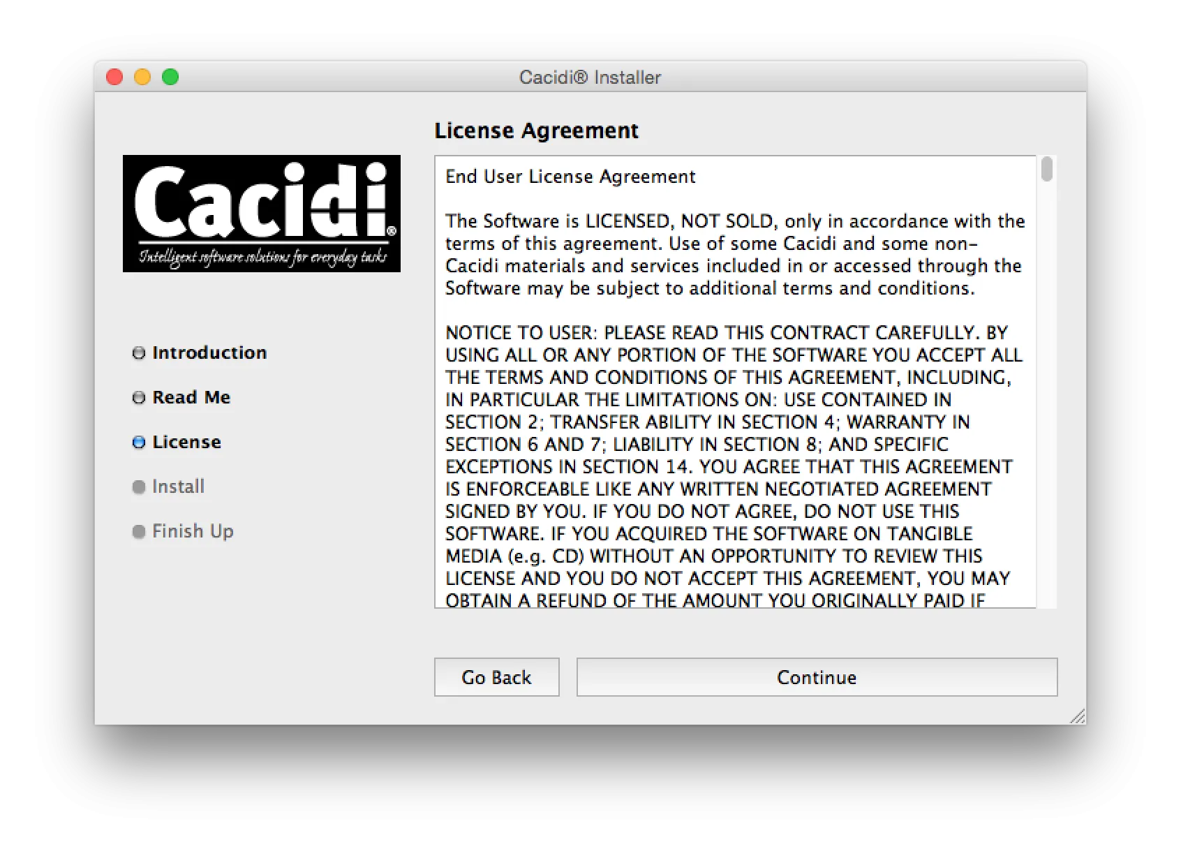 Cacidi Installer Lizenzvereinbarung, zur Bestätigung der Nutzungsbedingungen