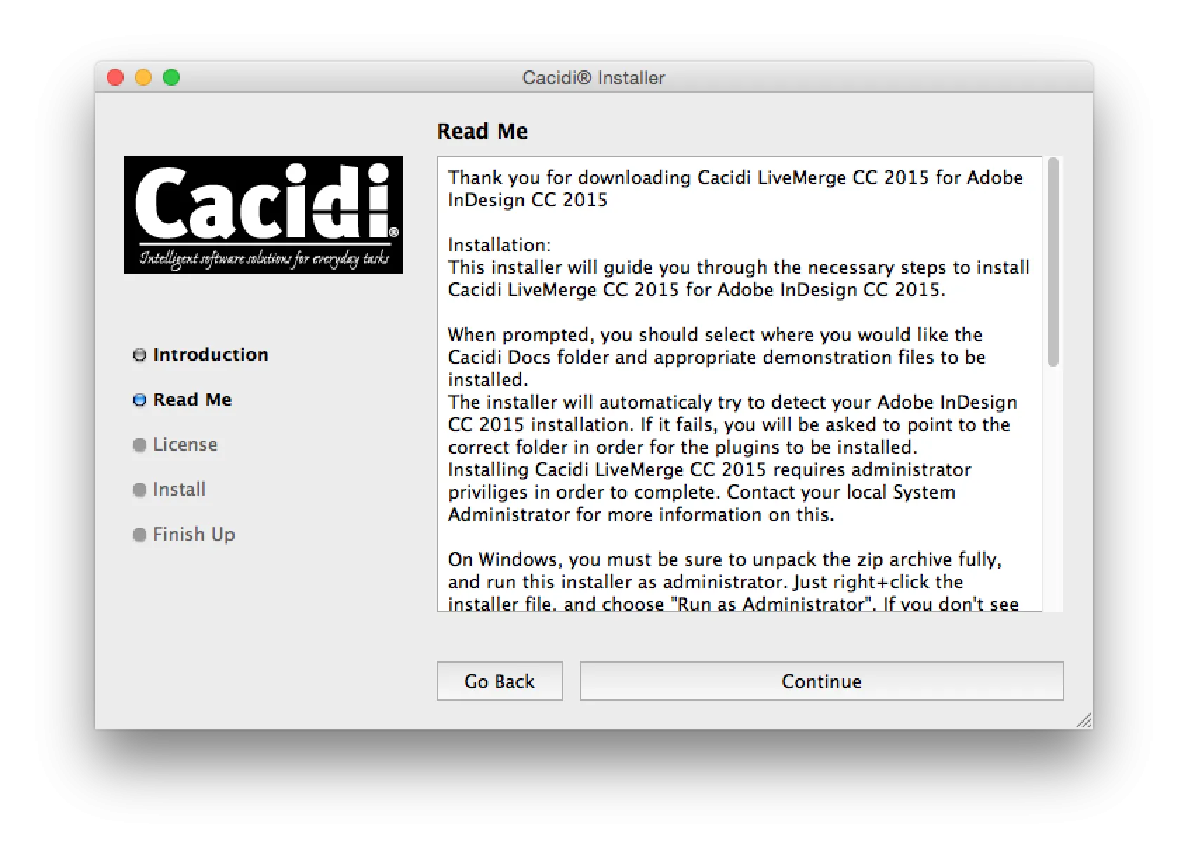 Cacidi Installer Read Me Bildschirm mit Installationshinweisen
