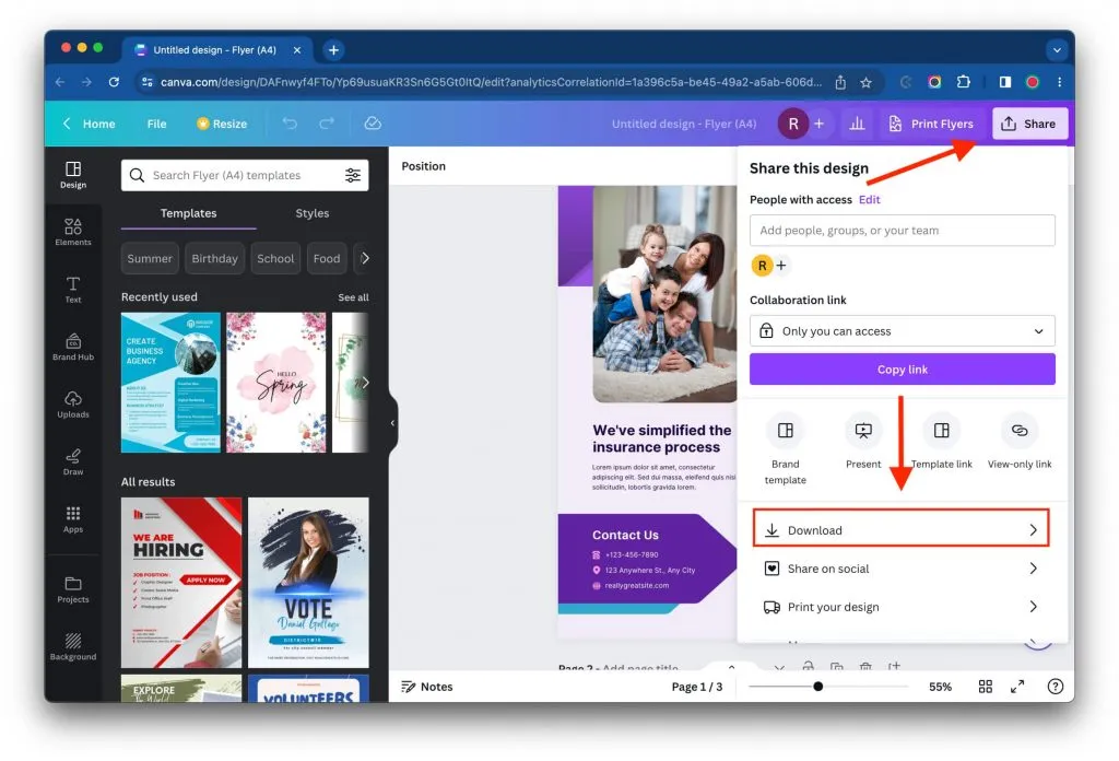 Canva Teilen-Menü mit Download-Option