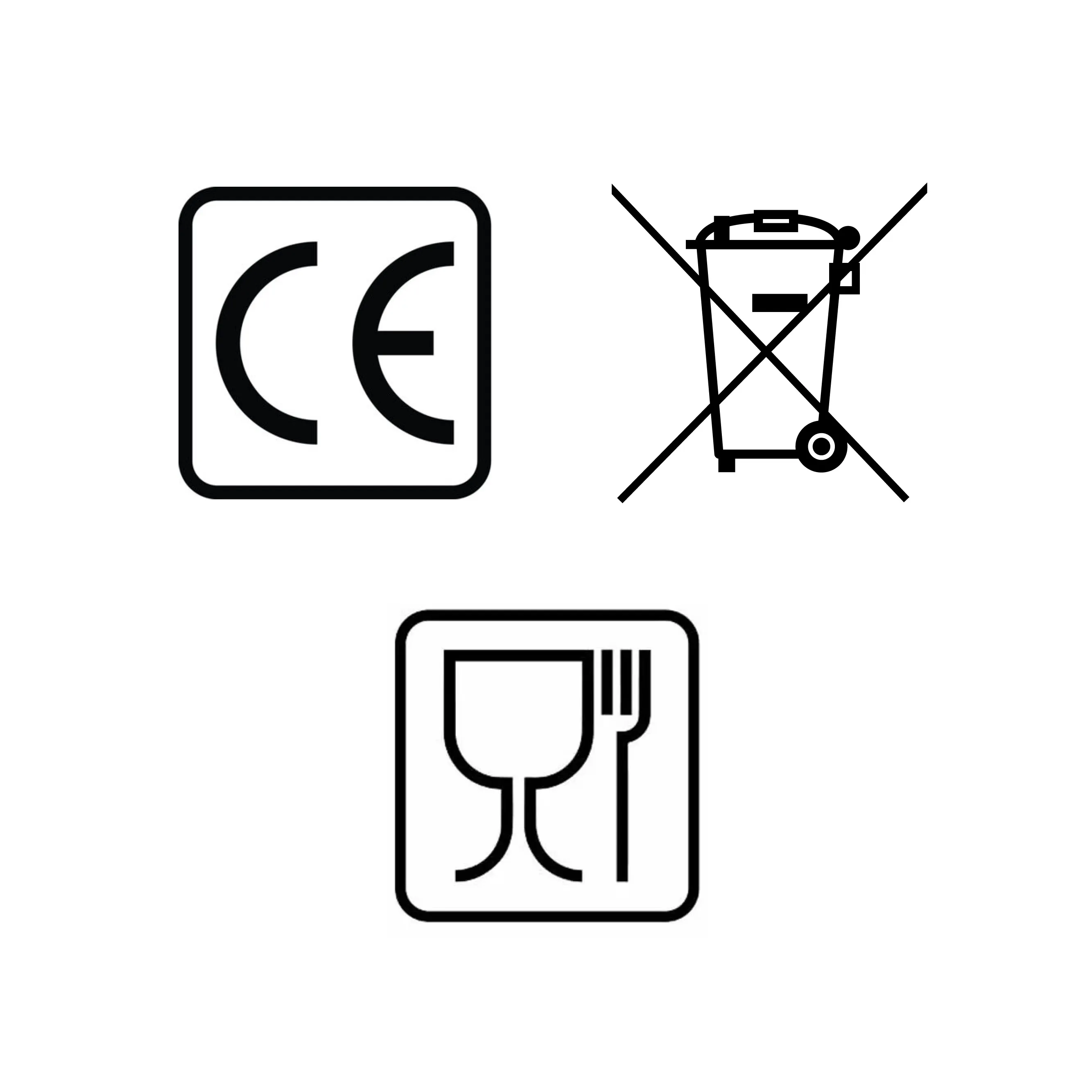 CE-Kennzeichnung und Symbole für Lebensmittelkonformität und fachgerechte Entsorgung von Kaffeemaschinen