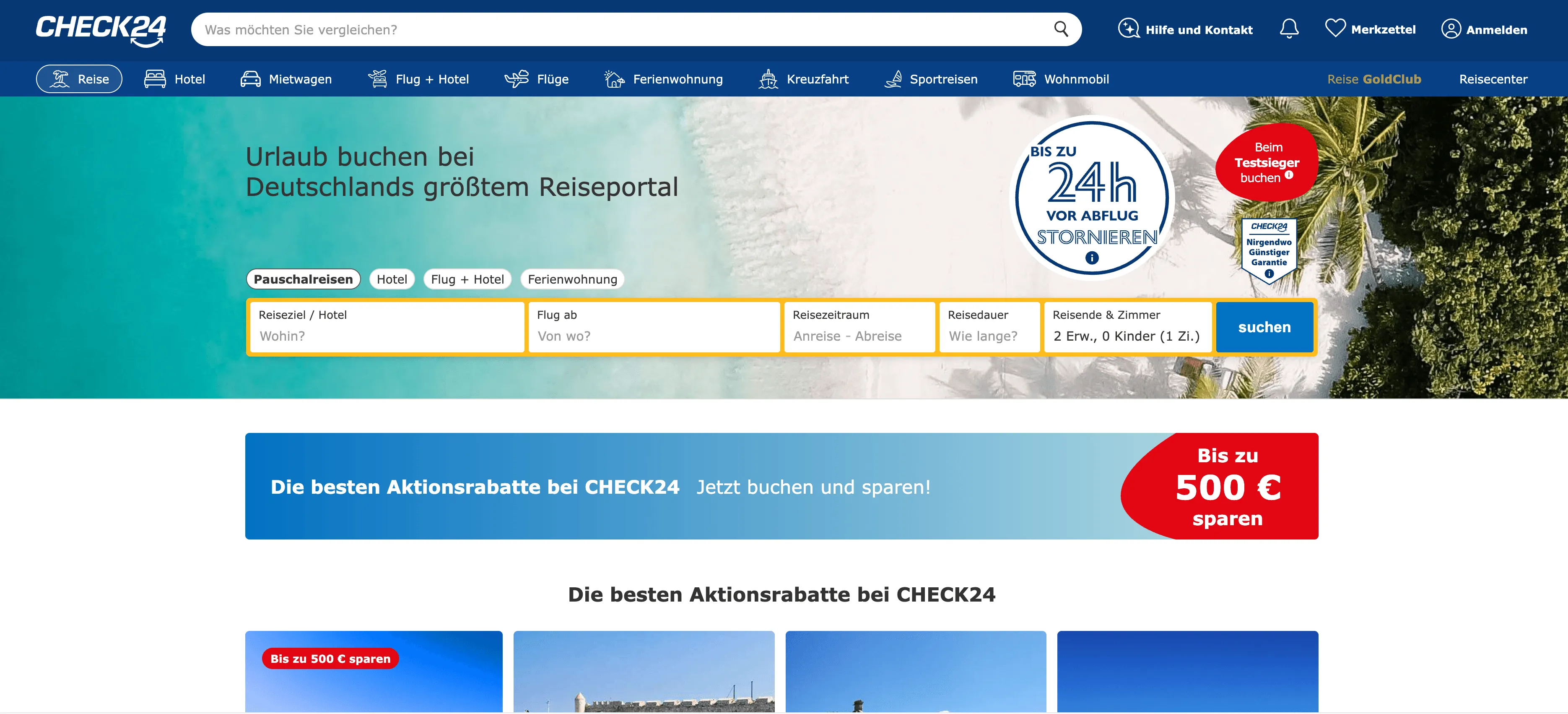 Check24 Reisen Homepage