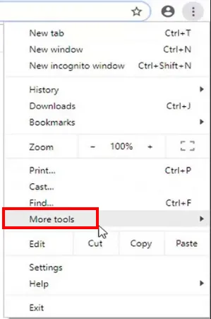Chrome Menü mit der Option "Weitere Tools" zum Löschen von Browserdaten