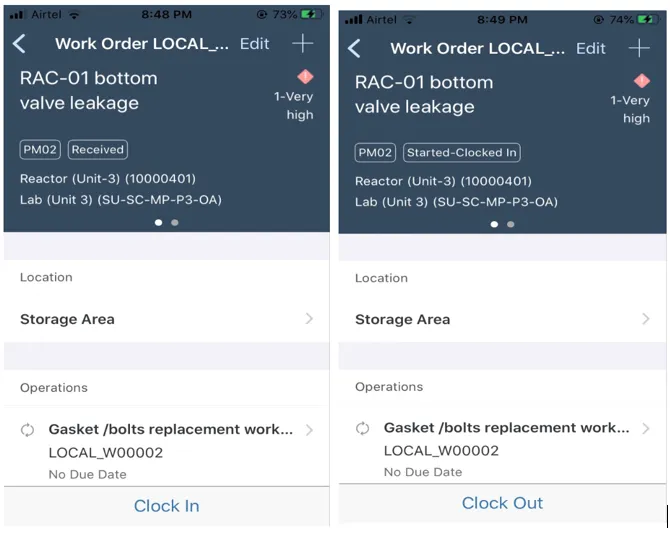 Clock In und Clock Out Funktion zur Zeiterfassung für Arbeitsaufträge