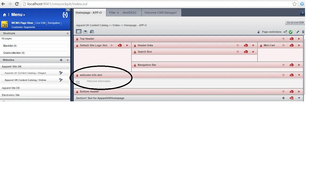 CMS Cockpit der Startseite nach dem Hinzufügen des Content Slots