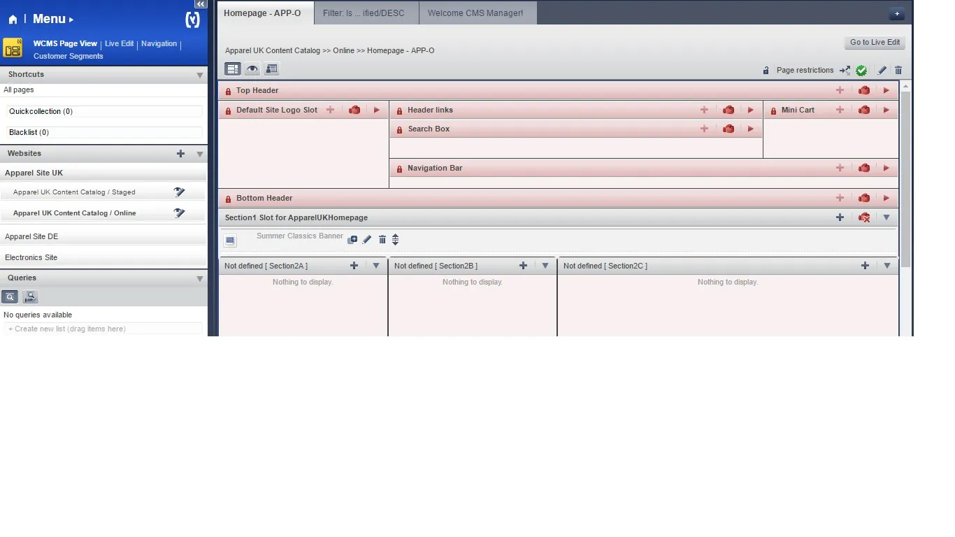 CMS Cockpit der Startseite vor dem Hinzufügen des Content Slots