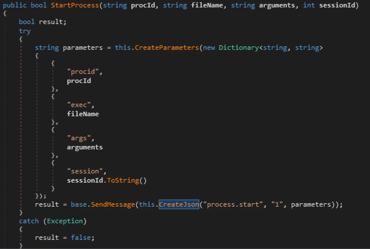Code-Ausschnitt der StartProcess-Methode, die Befehle in JSON umwandelt und über SendMessage() an das Named Pipe sendet.