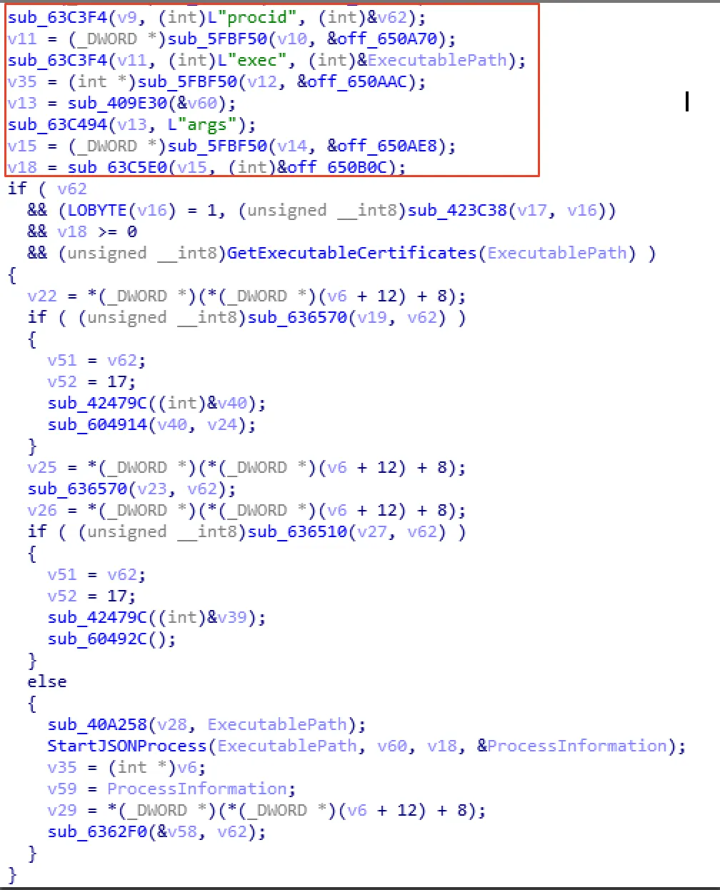 Code-Ausschnitt, der zeigt, wie der SYSTEM-Dienst die JSON-Befehle einliest und die Argumente parst.