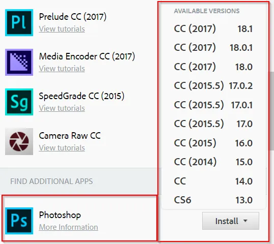 Creative Cloud Desktop App zeigt die Option zur Installation von Photoshop CS6 unter &quot;Vorherige Versionen&quot;