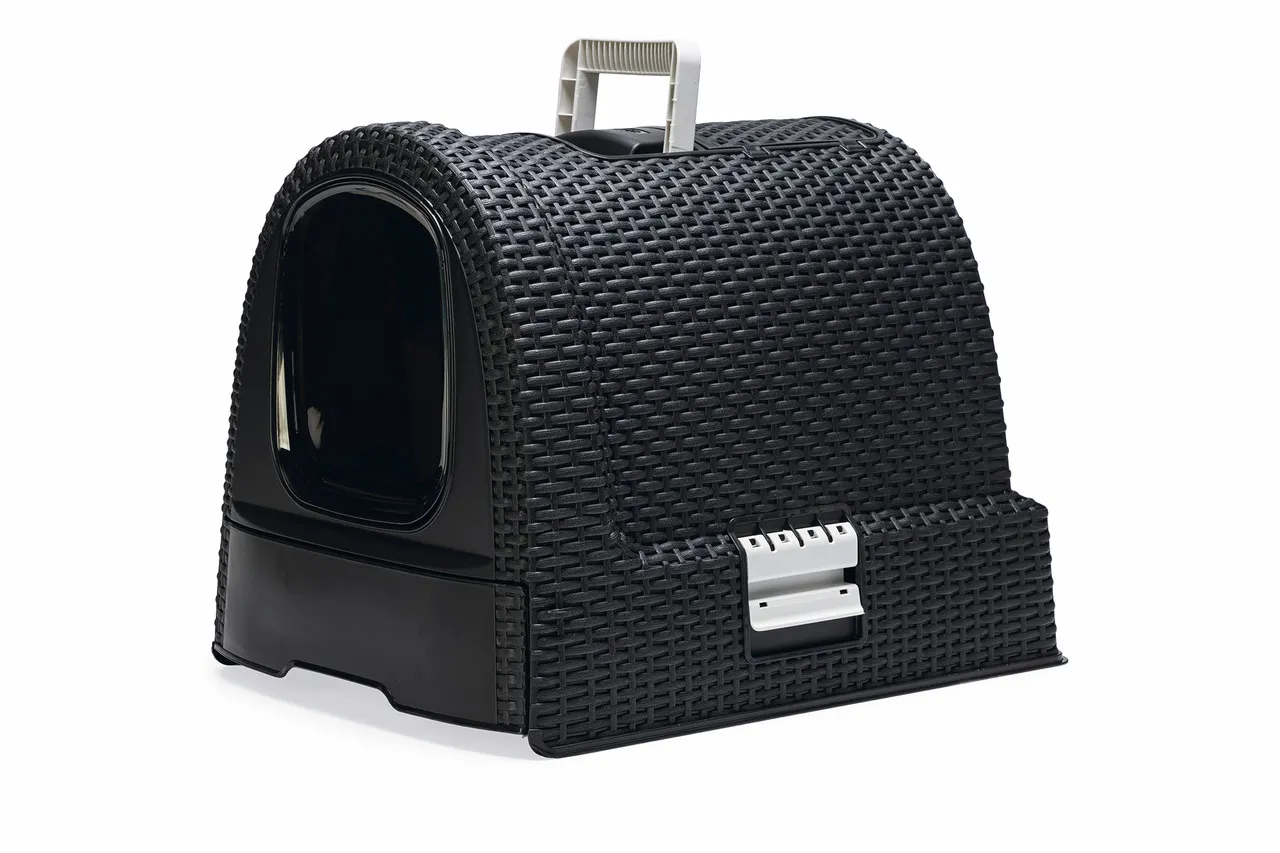 Curver Katzentoilette im Rattan-Design, Anthrazit, mit geöffneter Schwingtür für einfachen Zugang.