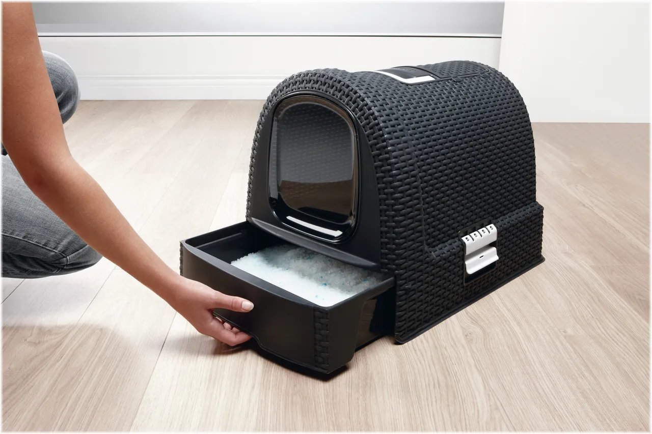 Curver Katzentoilette im Rattan-Design, Anthrazit, platziert in einem modernen Wohnambiente.