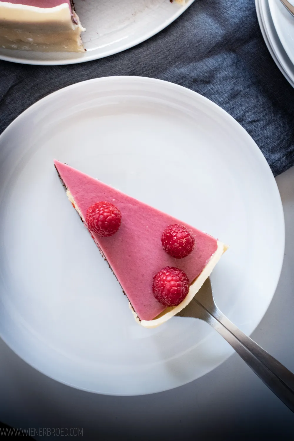 Dänischer Schichtkuchen Lagkage von der Seite, sichtbar sind die verschiedenen Schichten von Schokoladenbiskuit und Cremes