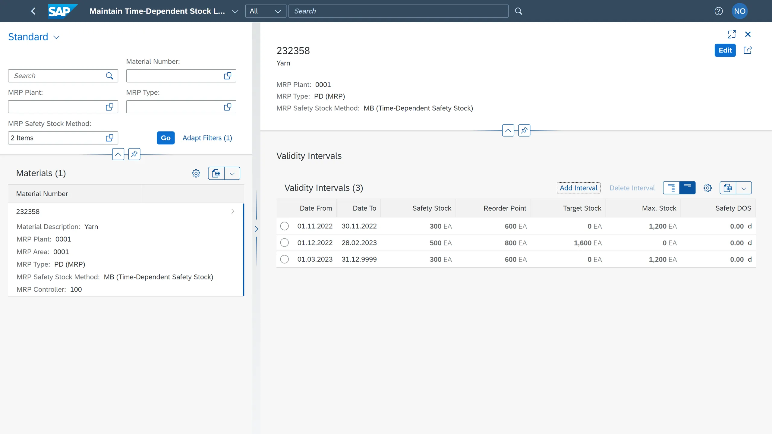Darstellung der zeitabhängigen Sicherheitsbestandsniveaus in SAP S/4HANA 2022