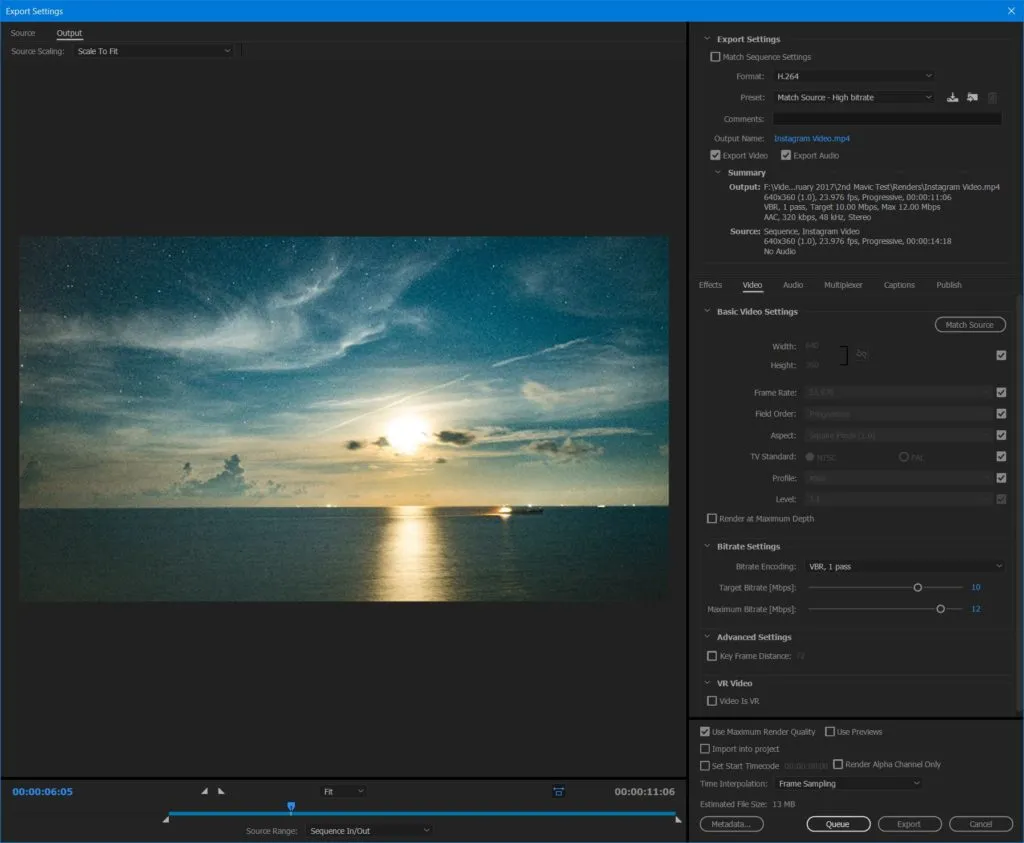 Das Export-Dialogfeld in Premiere Pro vor der Auswahl der Einstellungen
